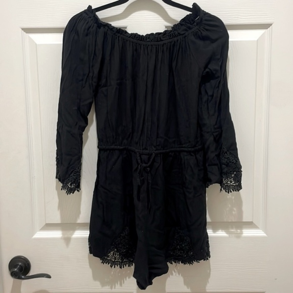 all about eve Black Long Bell Sleeve Wide Neck Crochet Detail Romper